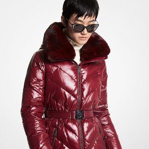 Fur Trim Chevron Quilted Nylon Belted Puffer Coat